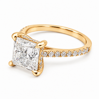 Princess Cut With Hidden Halo And Pavé Setting Ring – Lab Grown Diamond – 14K/18K Gold – 34 Side Stones
