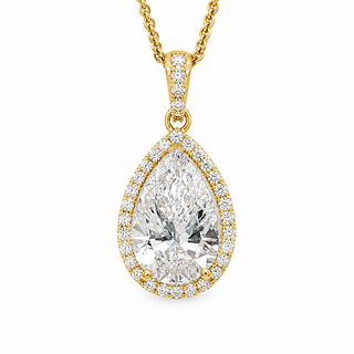 Pear Shape – Lab Grown Diamond – 14K/18K Yellow Gold – Solitaire With Halo Necklace