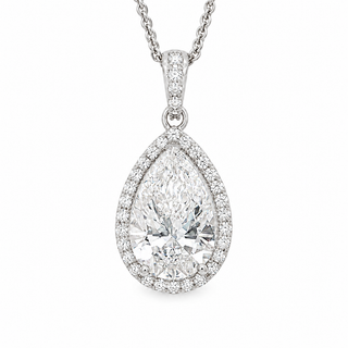 Pear Shape – Lab Grown Diamond – 14K/18K White Gold – Solitaire With Halo Necklace