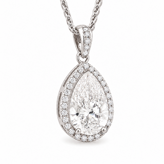 Pear Shape – Lab Grown Diamond – 14K/18K White Gold – Solitaire With Halo Necklace