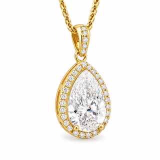 Pear Shape – Lab Grown Diamond – 14K/18K Yellow Gold – Solitaire With Halo Necklace
