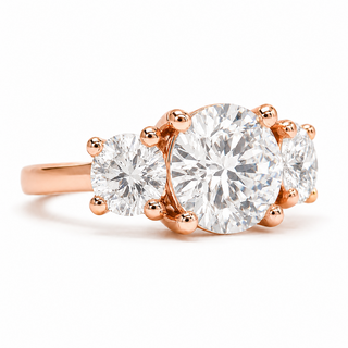 Round Brilliant 3 Stone Ring – Lab Grown Diamond – 14K/18K Rose Gold – 2 Side Stones