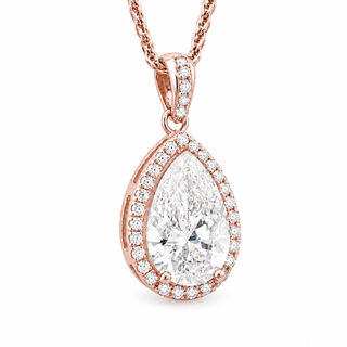 Pear Shape – Lab Grown Diamond – 14K/18K Rose Gold – Solitaire With Halo Necklace