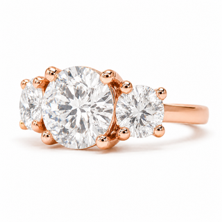 Round Brilliant 3 Stone Ring – Lab Grown Diamond – 14K/18K Rose Gold – 2 Side Stones