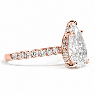 Pear Shape Pavé Ring with Hidden Halo – Lab Grown Diamond – 14K/18K Rose Gold – 32 Side Stones