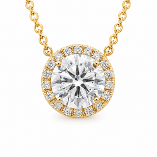 Round Brilliant – Lab Grown Diamond – 14K/18K Yellow Gold – Solitaire With Halo Necklace