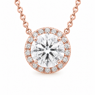 Round Brilliant – Lab Grown Diamond – 14K/18K Rose Gold – Solitaire With Halo Necklace