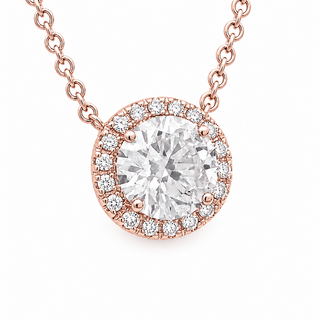 Round Brilliant – Lab Grown Diamond – 14K/18K Rose Gold – Solitaire With Halo Necklace