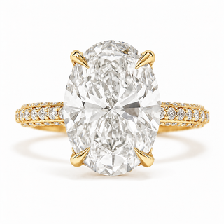 Oval Brilliant Three Row Pavé Ring with Hidden Halo – Lab Grown Diamond – 14K/18K Yellow Gold – 133 Side Stones