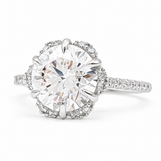 Round Brilliant Flower Pavé Ring – Lab Grown Diamond – 14K/18K White Gold – 32 Side Stones