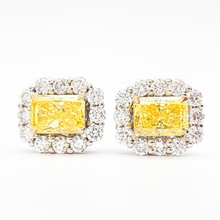 Radiant Cut 2.90 Carat Lab-Grown Diamonds Fancy Vivid Yellow Earrings | IGI Certified | 3.06 Gram 14K White and Yellow Gold | End Date: 08/03/2026