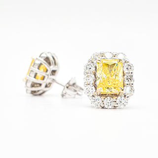 Radiant Cut 2.90 Carat Lab-Grown Diamonds Fancy Vivid Yellow Earrings | IGI Certified | 3.06 Gram 14K White and Yellow Gold | End Date: 08/03/2026