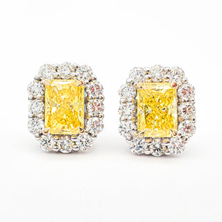 Radiant Cut 2.90 Carat Lab-Grown Diamonds Fancy Vivid Yellow Earrings | IGI Certified | 3.06 Gram 14K White and Yellow Gold | End Date: 08/03/2026