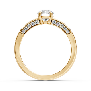 Ophelia cushion-cut engagement ring in yellow gold, full front view with pavé diamond shoulders