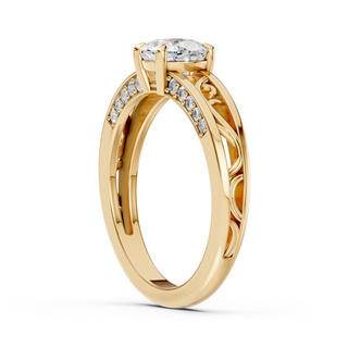 Ophelia engagement ring in yellow gold, side view showing the open scrollwork gallery detail