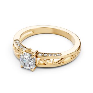 Ophelia cushion-cut engagement ring in yellow gold, top-down view of the band and setting