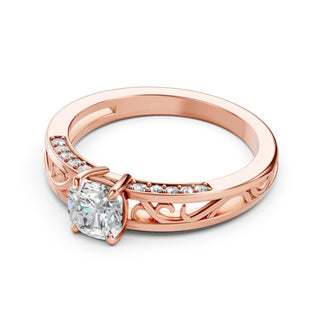Cushion Engagement Ring – Lab Grown Diamond – 14K/18K Rose Gold – 20 Side Stones
